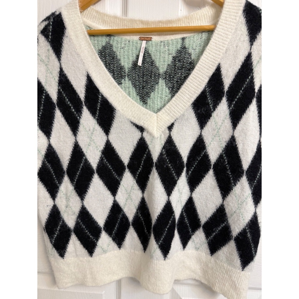 Free People Sweater Women's Small Through The Motions Argyle Vest Cropped Boxy - Picture 2 of 14